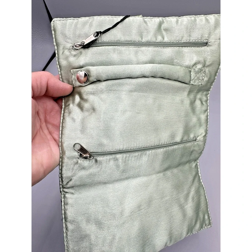 NWT Pier 1 Embroidered Rolled Gray/Green With Satin Lining Jewelry Travel Bag